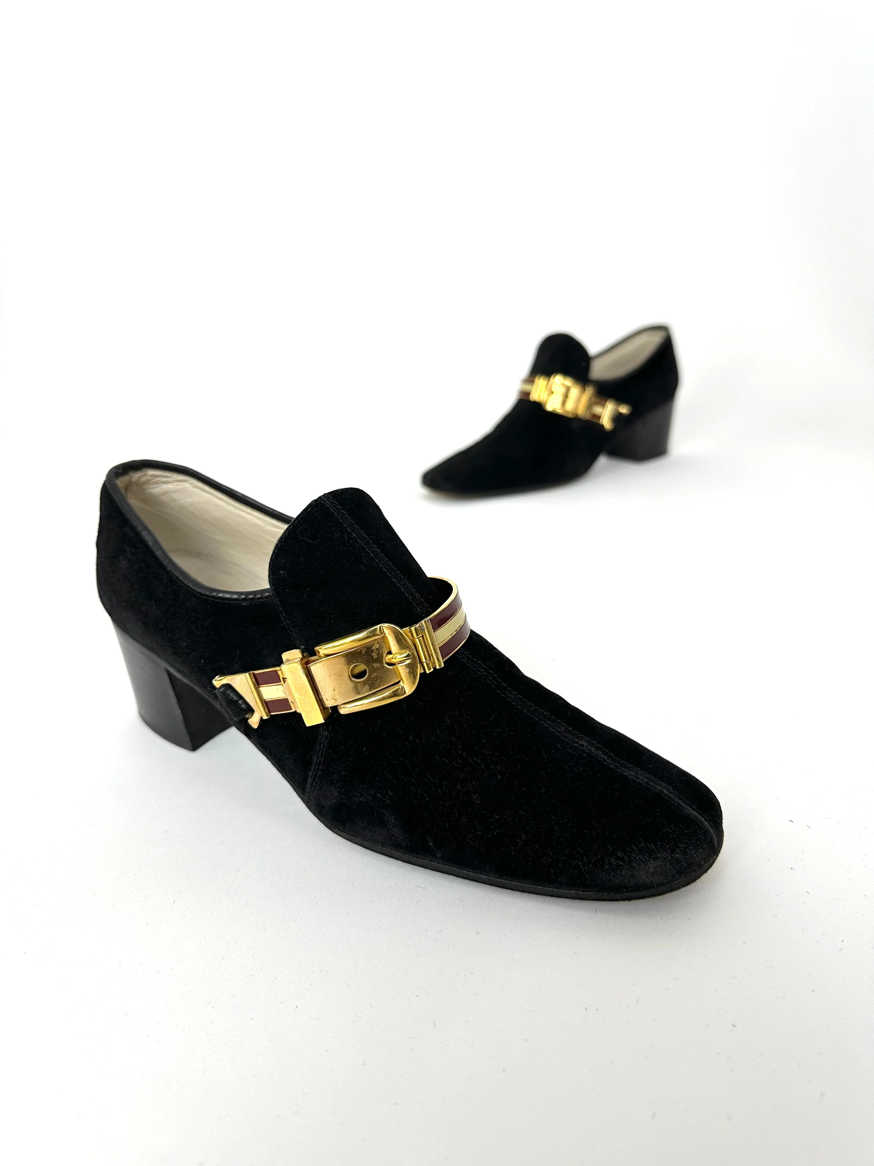 1970s Gucci Suede Buckle Web Loafers