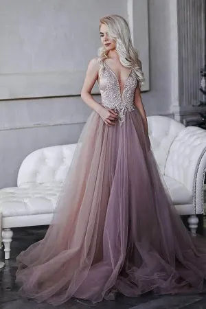 A-Line Princess Spaghetti Straps Sweep Train Prom Dress with Appliques PG787