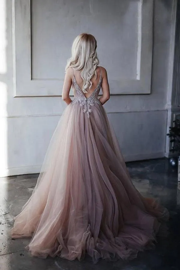 A-Line Princess Spaghetti Straps Sweep Train Prom Dress with Appliques PG787