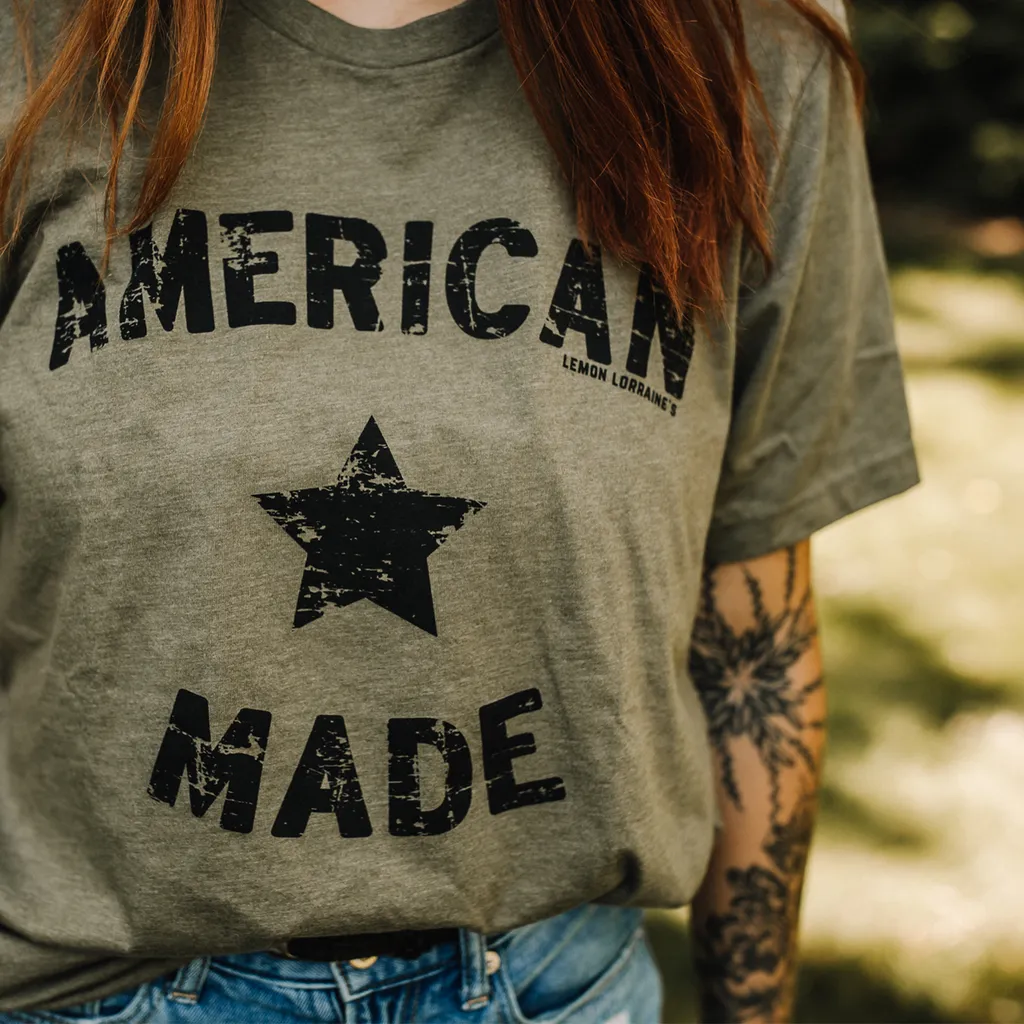 {AMERICAN MADE} Black STAR Olive Crew Neck Tee