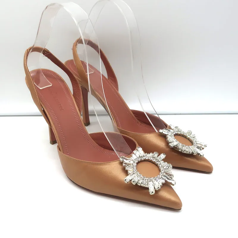 Amina Muaddi Begum Crystal-Embellished Slingback Pumps Caramel Leather Size 39