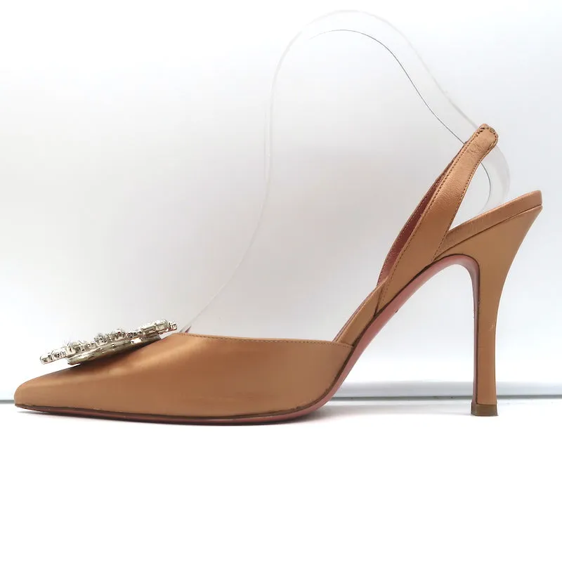 Amina Muaddi Begum Crystal-Embellished Slingback Pumps Caramel Leather Size 39