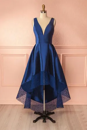 Anneprom Deep Blue V Neck High Low Lace Satin Prom Dresses Bridesmaid Dresses APP0131