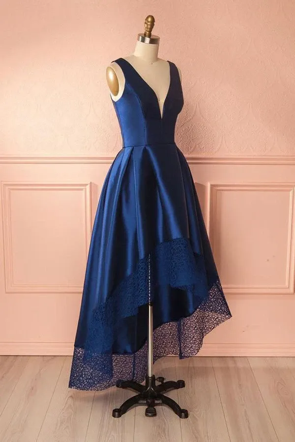Anneprom Deep Blue V Neck High Low Lace Satin Prom Dresses Bridesmaid Dresses APP0131
