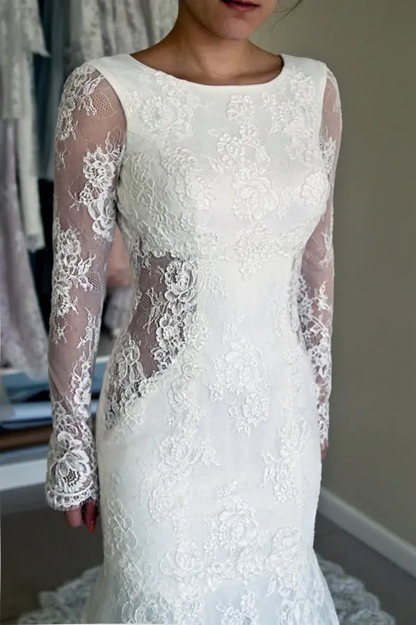 Anneprom High Quality Scoop Open Back Mermaid Wedding Dress With Long Sleeves APW0012