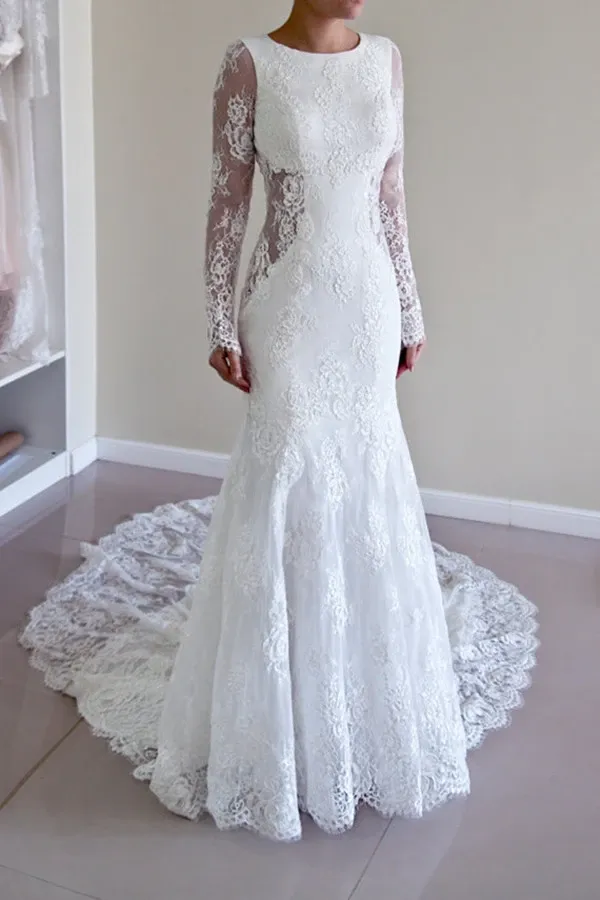 Anneprom High Quality Scoop Open Back Mermaid Wedding Dress With Long Sleeves APW0012