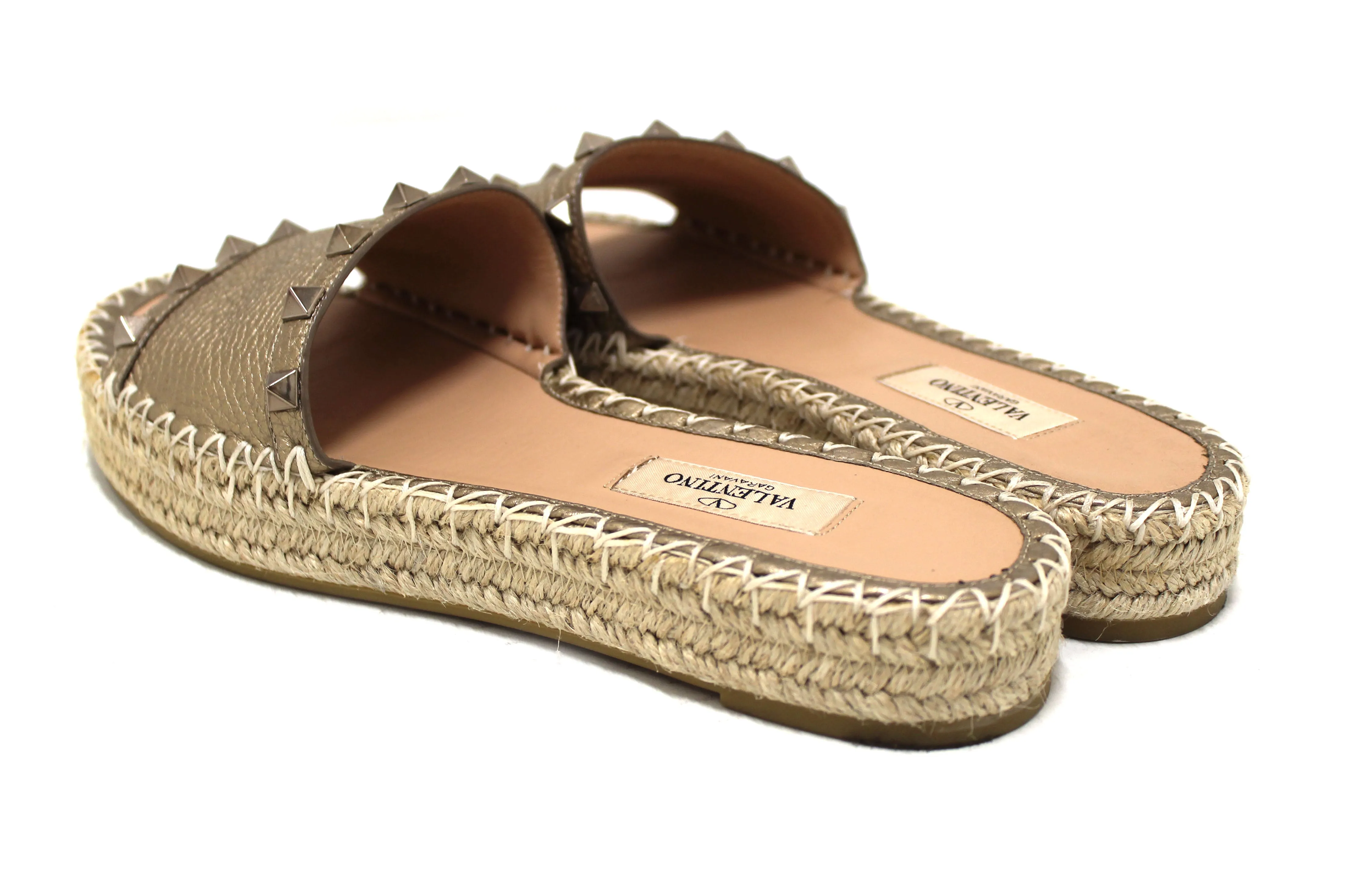Authentic Valentino Metallic Gold Rockstud Espadrilles Flat Slide Sandal Shoes 37