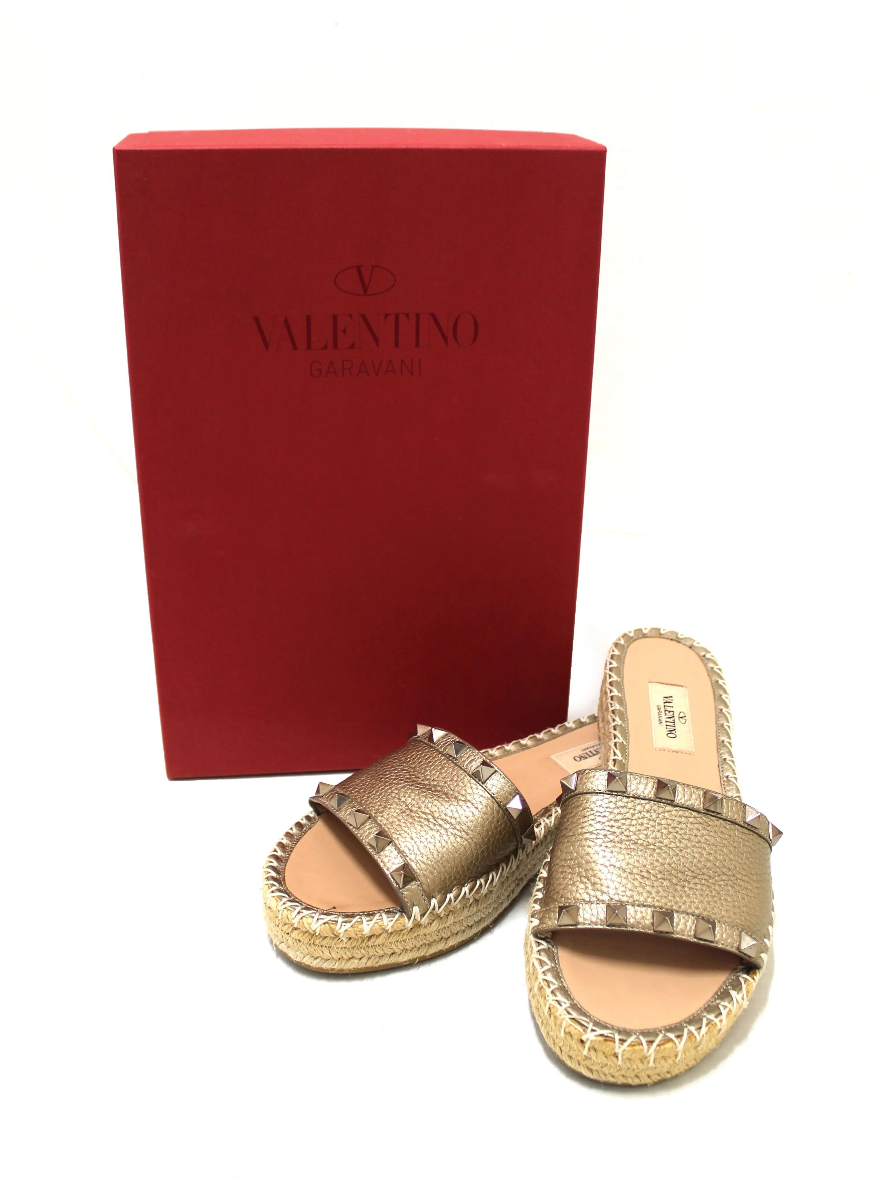 Authentic Valentino Metallic Gold Rockstud Espadrilles Flat Slide Sandal Shoes 37