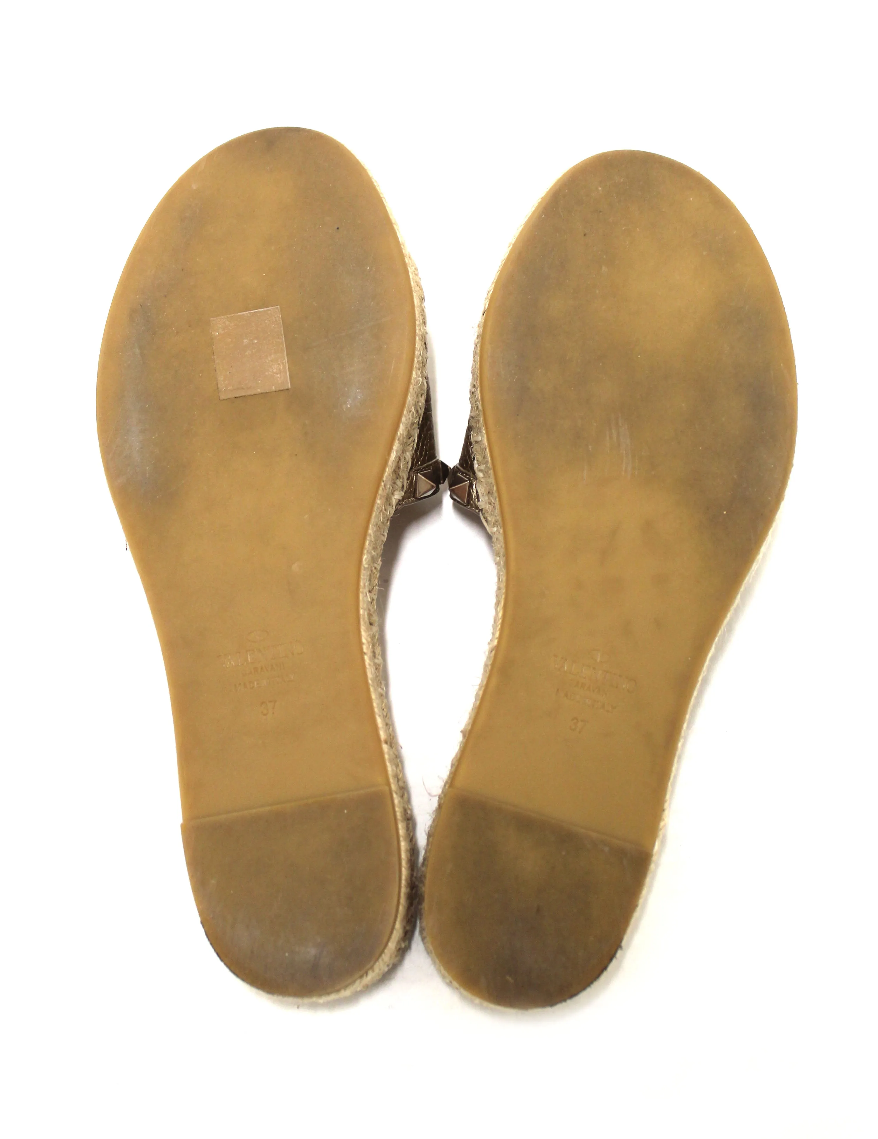 Authentic Valentino Metallic Gold Rockstud Espadrilles Flat Slide Sandal Shoes 37