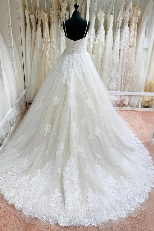 Ball Gown Tulle Lace Spaghetti Straps Appliqued Wedding Dresses TN267