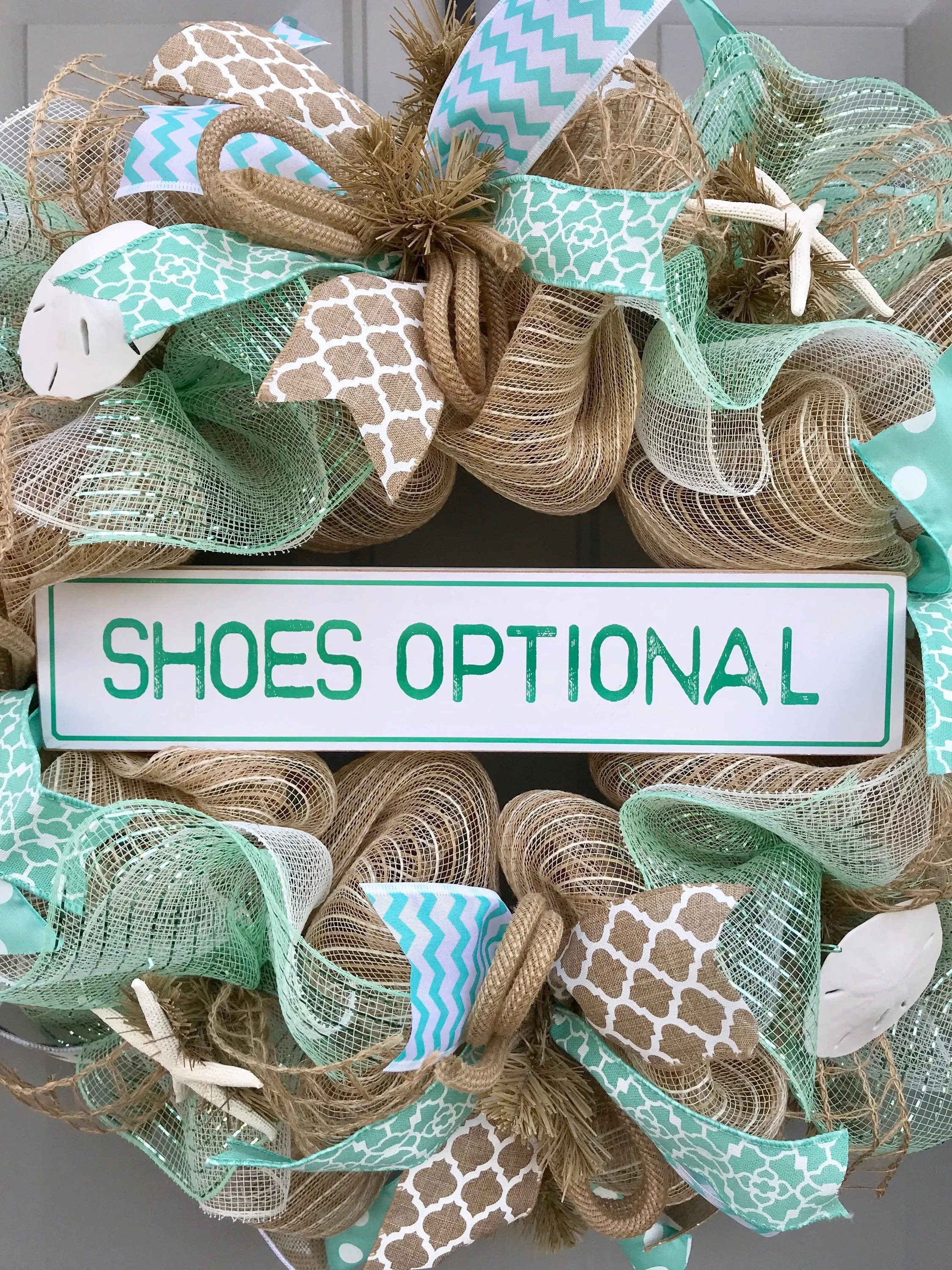 Beach Wreath, Shoes Optional, Burlap Deco Mesh Wreath with Seashells, Seashell Wreath, Sea Shell Wreath, Starfish Wreath