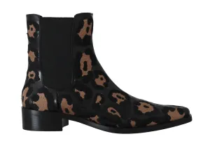 Black Leather Leopard Chelsea Boots