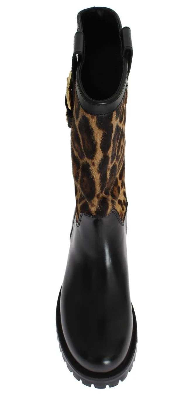 Black Leather Leopard Print Hair Boots