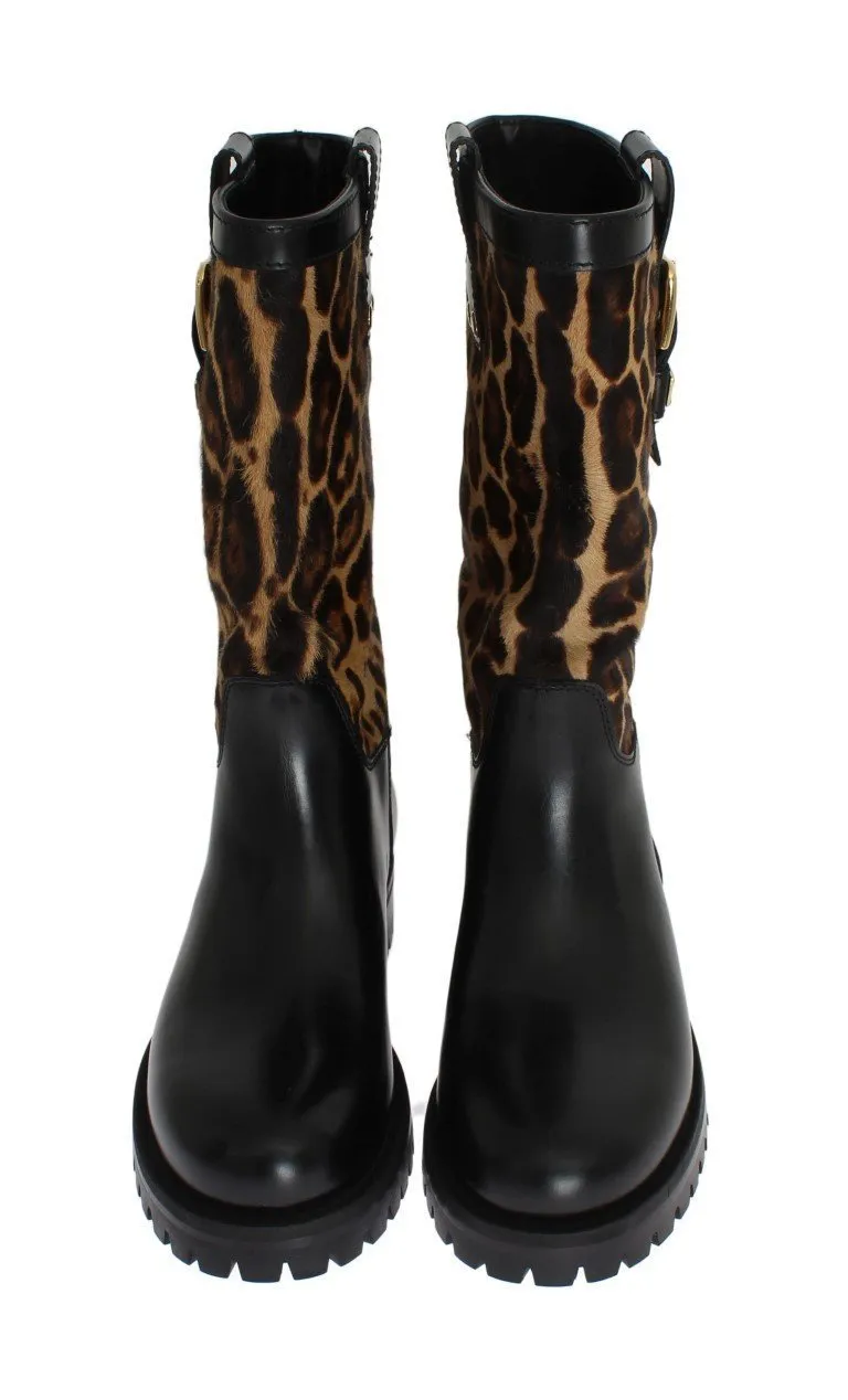 Black Leather Leopard Print Hair Boots