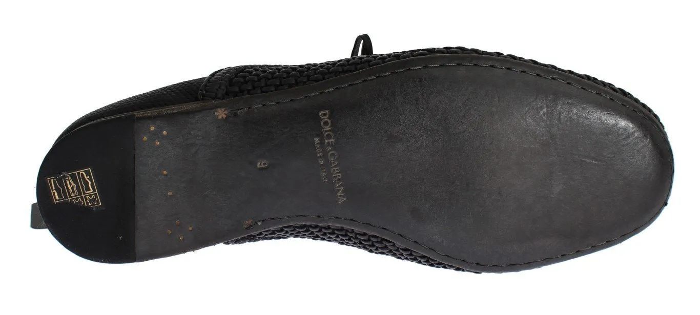 Black Lizard Skin Woven Leather Shoes