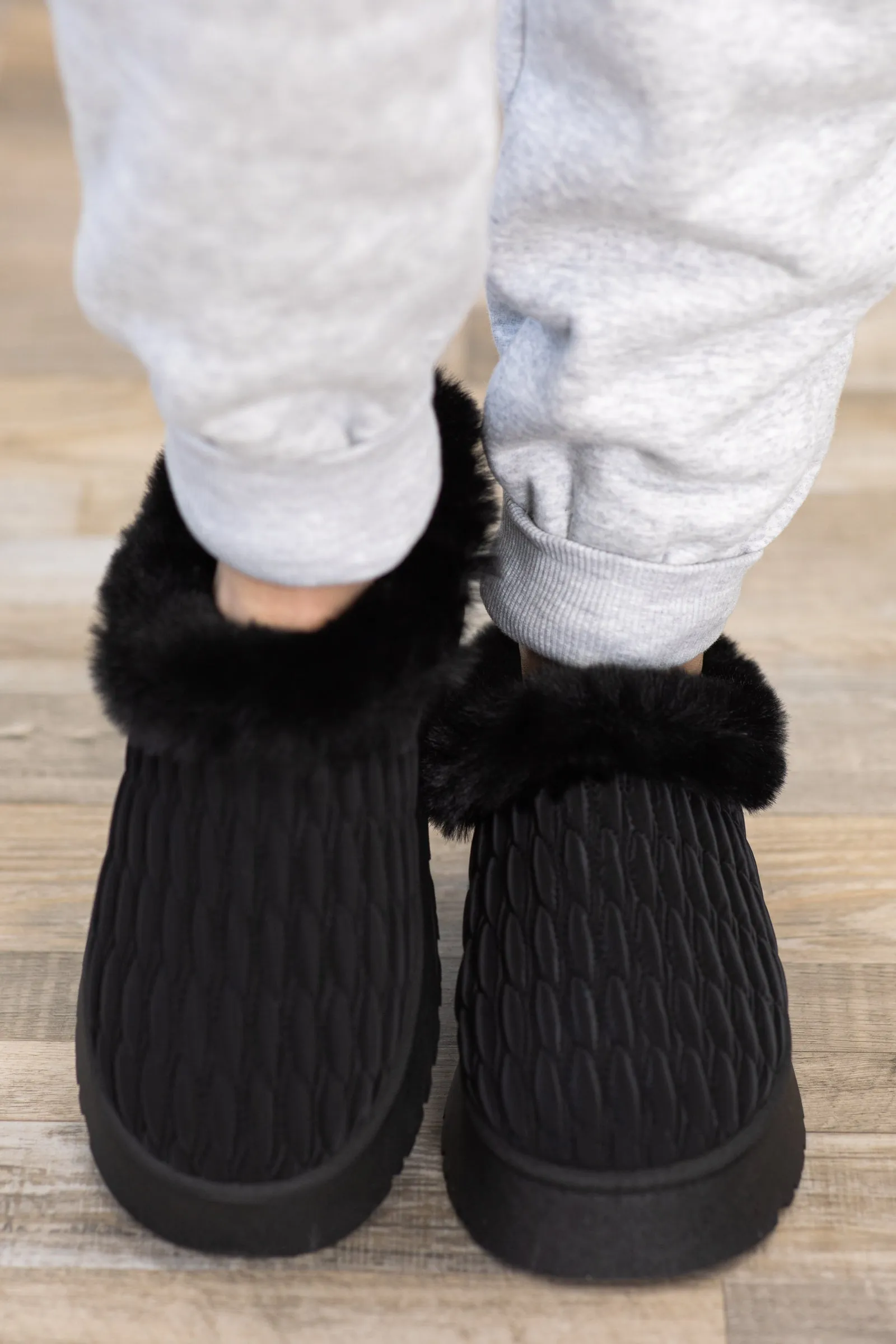 Black Quilted Faux Fur Lined Slip On Shoes