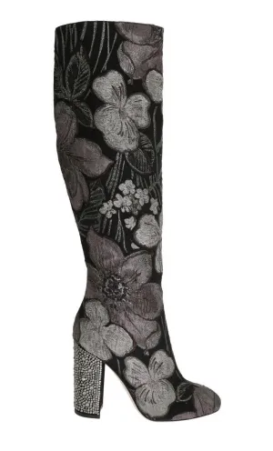 Black Silver Jacquard Crystal Boots