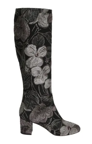 Black Silver Jacquard Floral Boots
