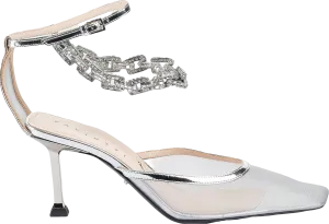 CESARE PACIOTTI Metallic Silver Leather And Mesh Swarovski Chain Detail Heels UK 5.5 EU 38.5 👠