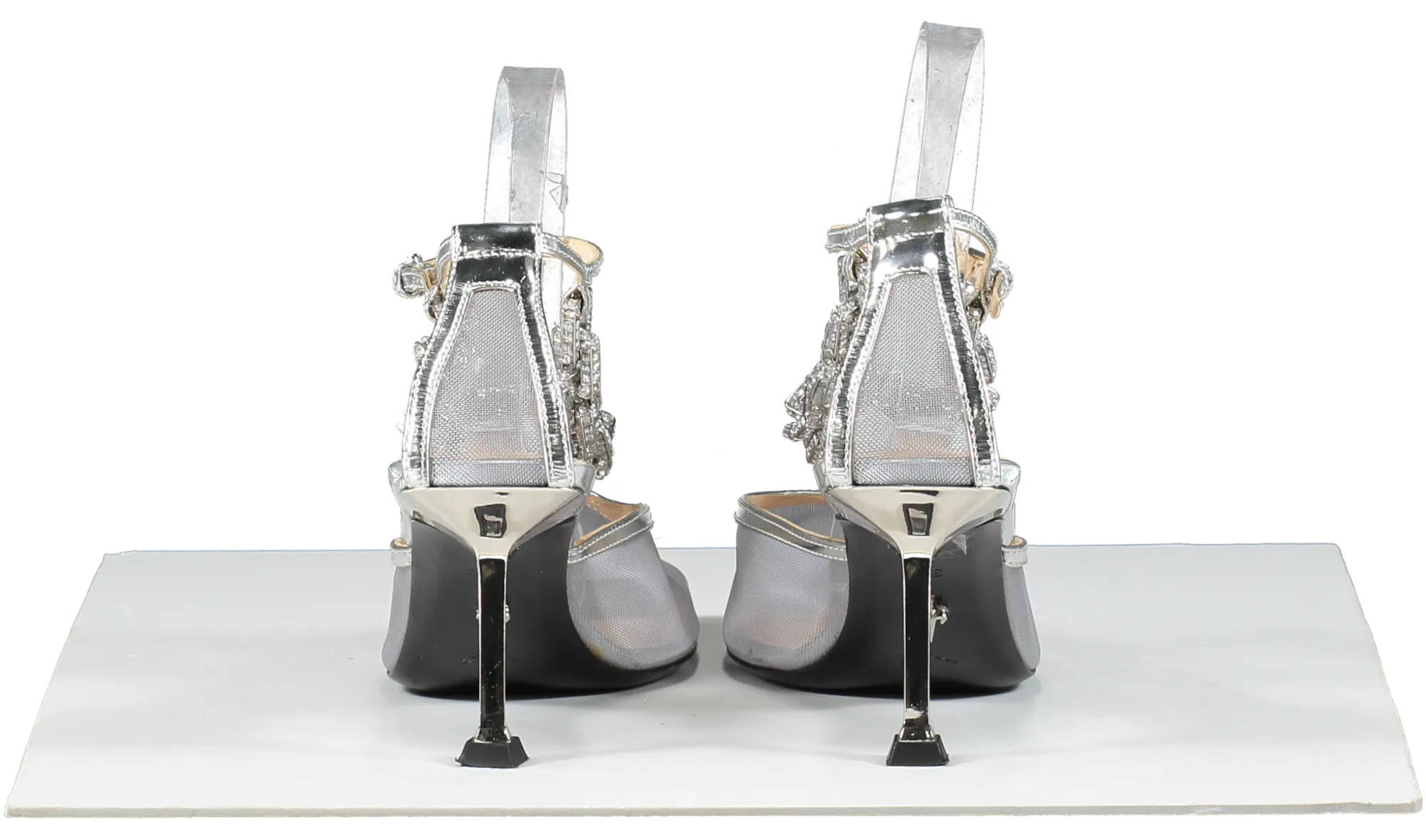 CESARE PACIOTTI Metallic Silver Leather And Mesh Swarovski Chain Detail Heels UK 5.5 EU 38.5 👠