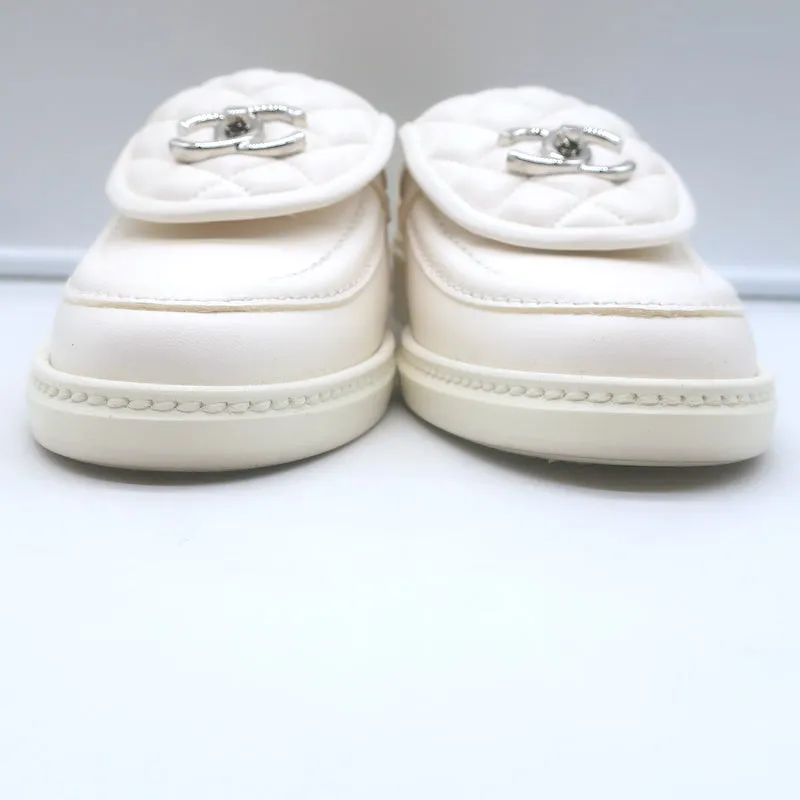 Chanel 20B CC Turn Lock Quilted Tab Loafers White Leather Size 37.5