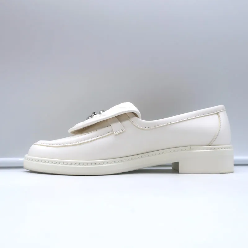 Chanel 20B CC Turn Lock Quilted Tab Loafers White Leather Size 37.5