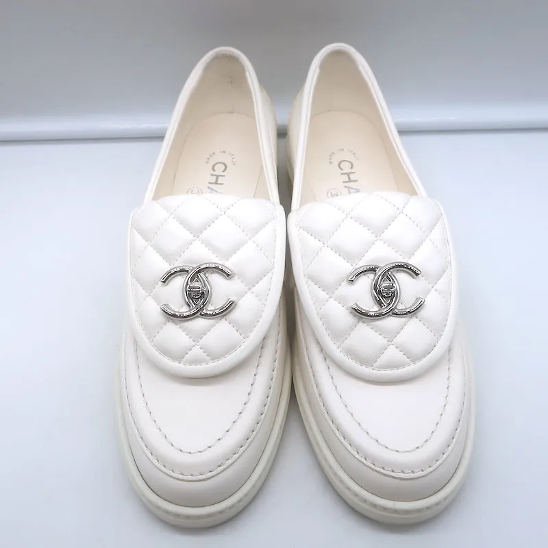 Chanel 20B CC Turn Lock Quilted Tab Loafers White Leather Size 37.5