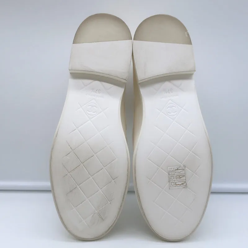 Chanel 20B CC Turn Lock Quilted Tab Loafers White Leather Size 37.5