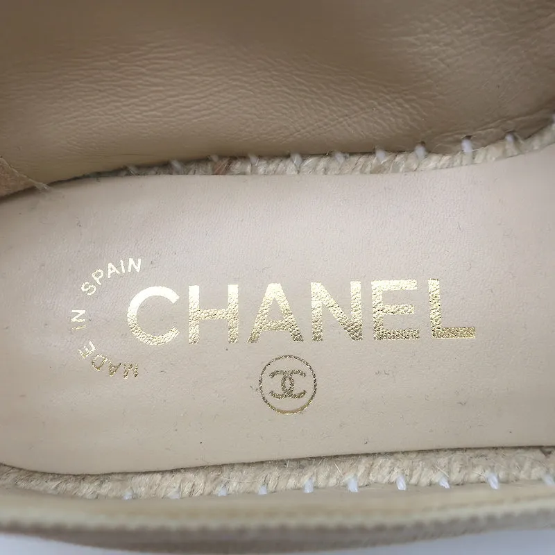 Chanel Biarritz CC Embroidered Espadrilles Beige Quilted Canvas Size 38