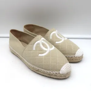 Chanel Biarritz CC Embroidered Espadrilles Beige Quilted Canvas Size 38