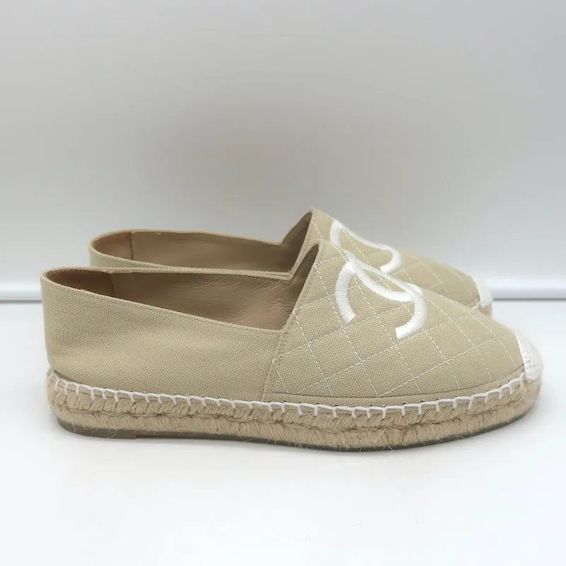 Chanel Biarritz CC Embroidered Espadrilles Beige Quilted Canvas Size 38