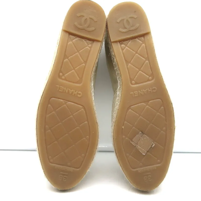 Chanel Biarritz CC Embroidered Espadrilles Beige Quilted Canvas Size 38