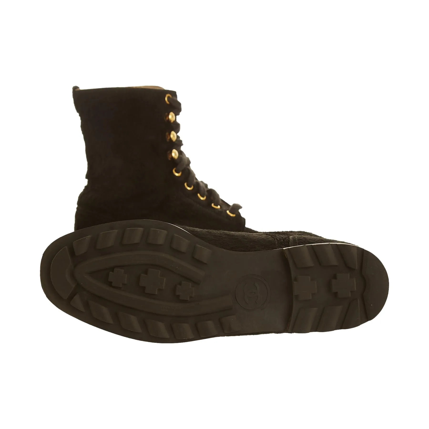 Chanel Black Calf Hair Logo Boots
