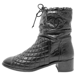 Chanel Black Matelasse Quilted Patent Leather Cap Toe Block Heel Mid Calf Boots Size EU 40