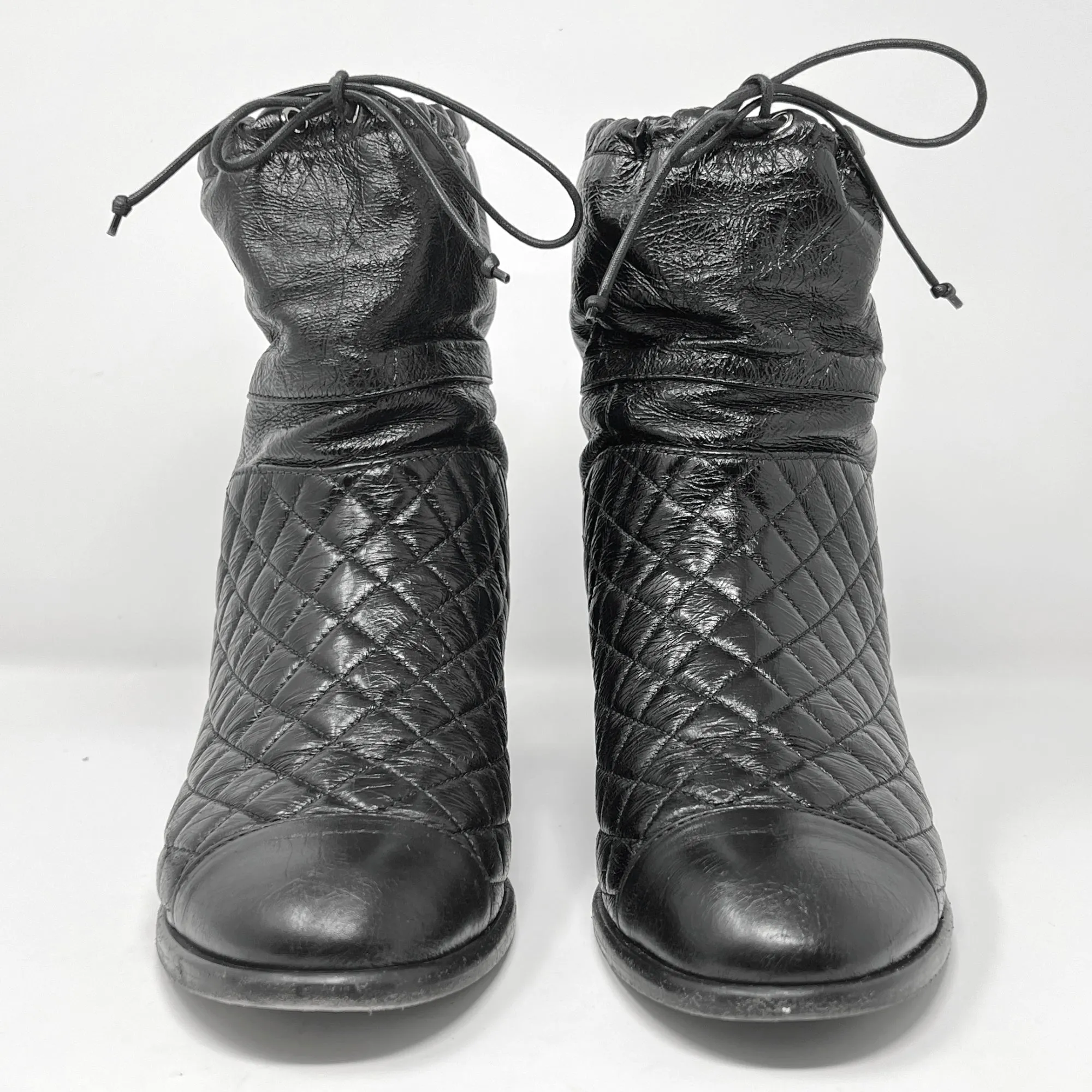 Chanel Black Matelasse Quilted Patent Leather Cap Toe Block Heel Mid Calf Boots Size EU 40