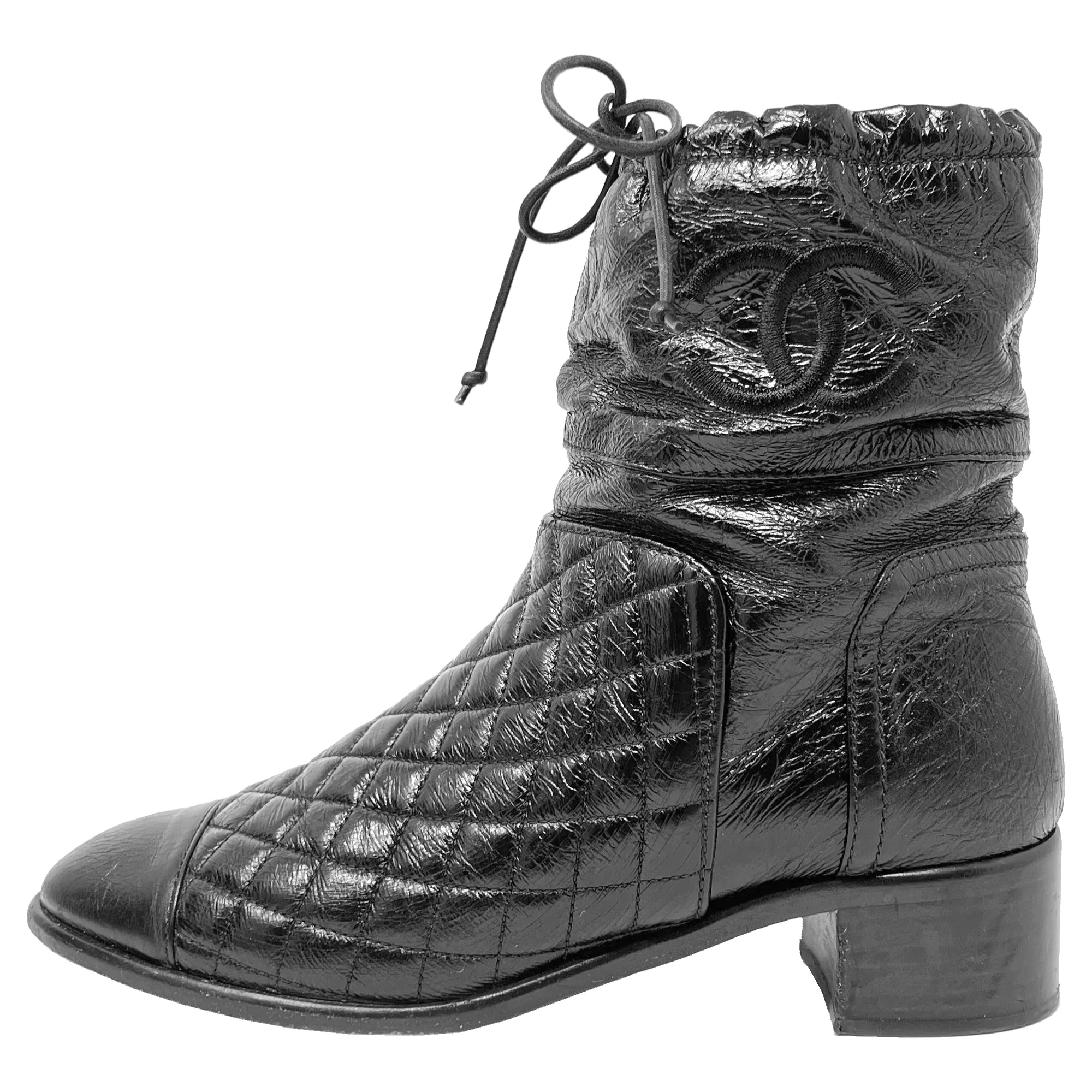 Chanel Black Matelasse Quilted Patent Leather Cap Toe Block Heel Mid Calf Boots Size EU 40