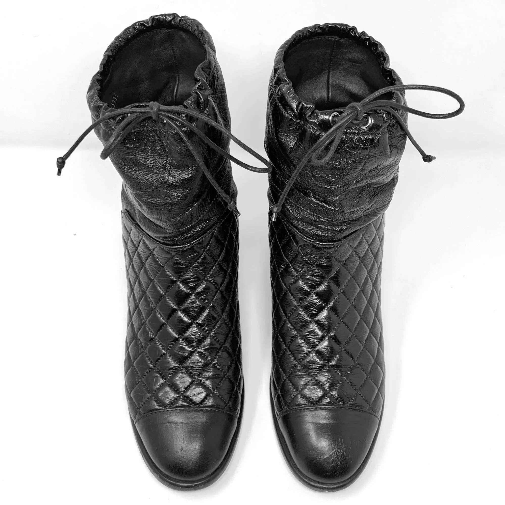 Chanel Black Matelasse Quilted Patent Leather Cap Toe Block Heel Mid Calf Boots Size EU 40