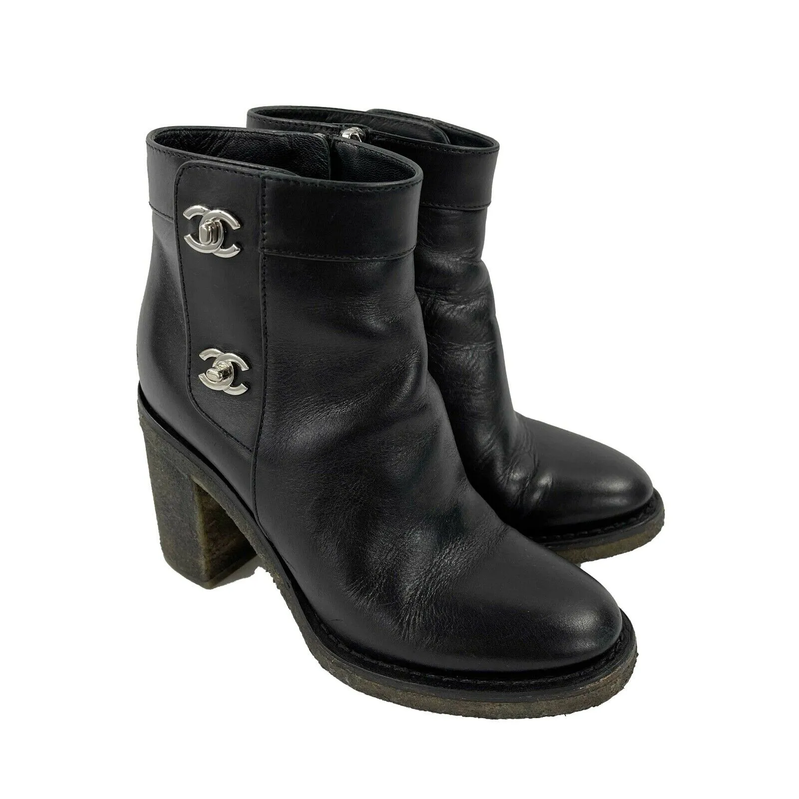 CHANEL - CC Turn Lock Ankle Leather Bootie Boots - Black / Silver - 36 US 6