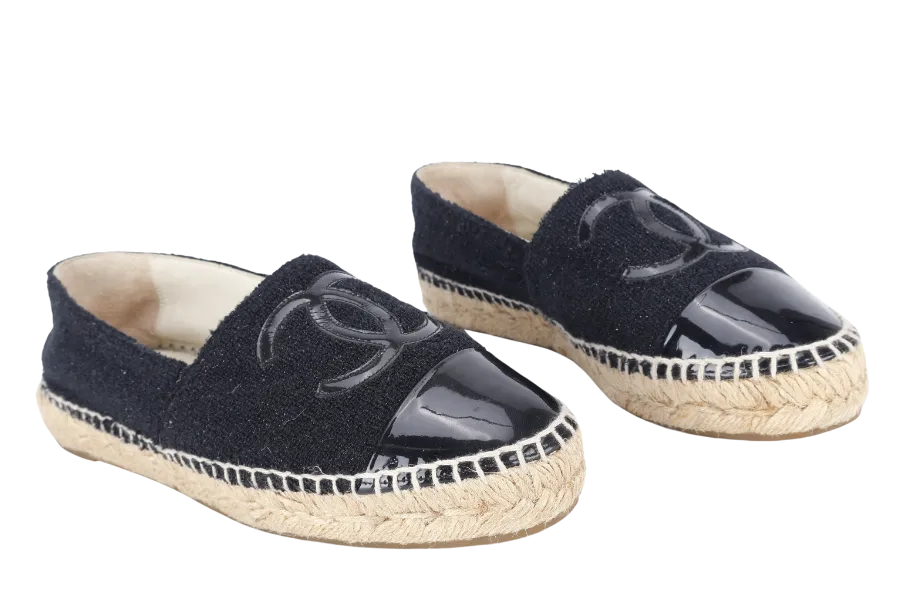 CHANEL ESPADRILLES SHOES BLACK GLITTER TWEED SIZE 38 NO DUST COVER