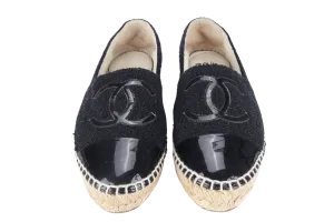 CHANEL ESPADRILLES SHOES BLACK GLITTER TWEED SIZE 38 NO DUST COVER