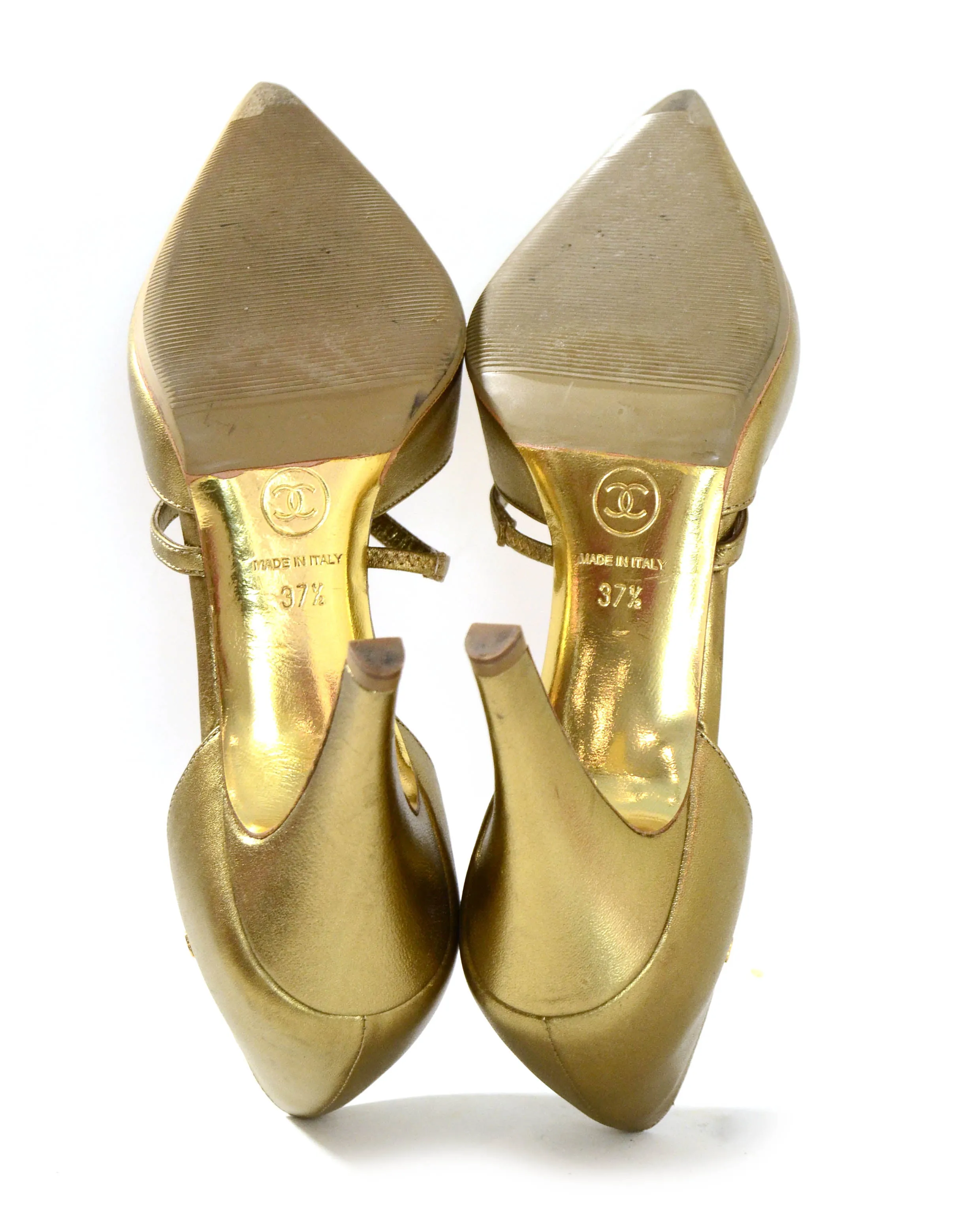 Chanel Gold Leather Pointy Toe Pumps sz 37.5