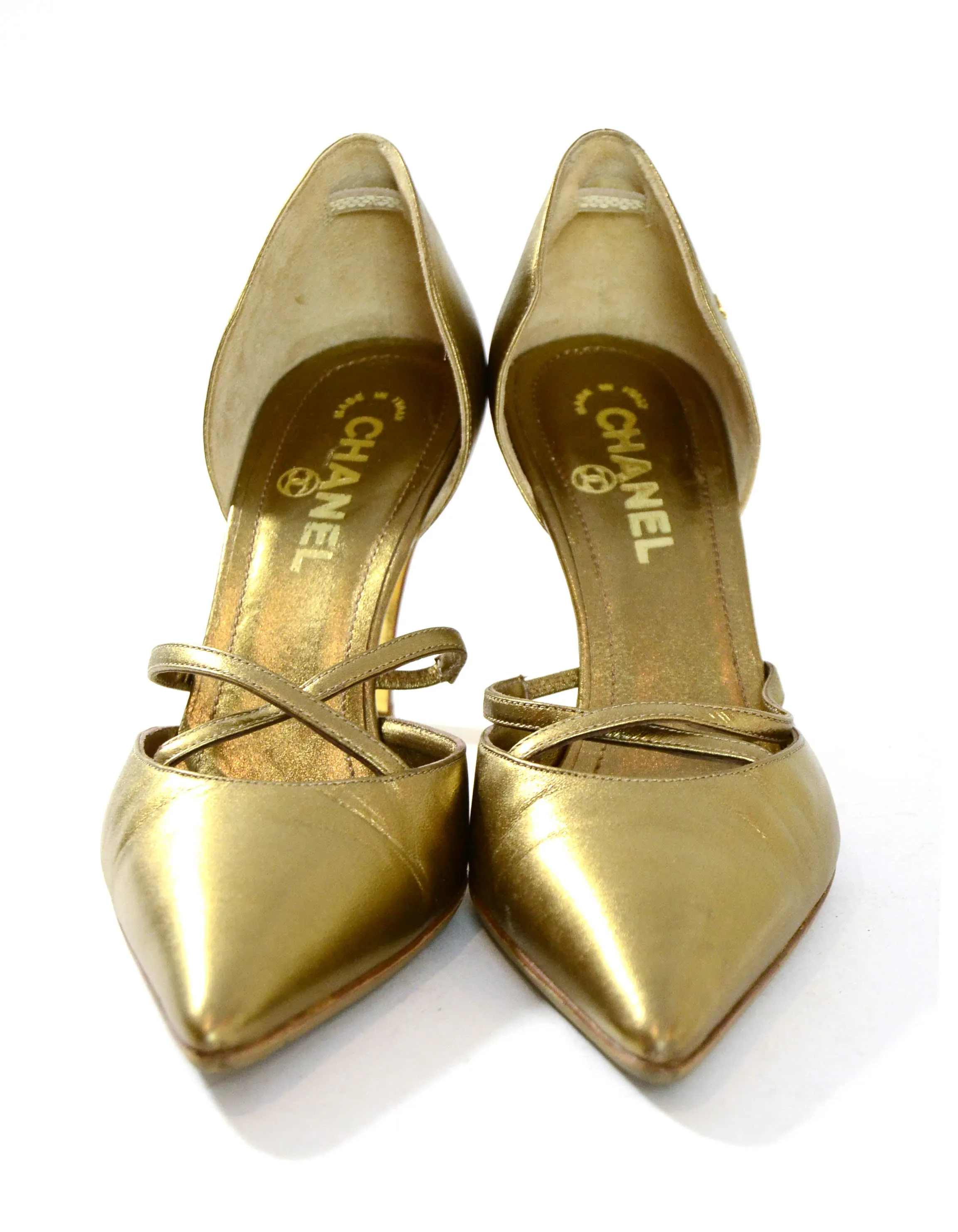 Chanel Gold Leather Pointy Toe Pumps sz 37.5
