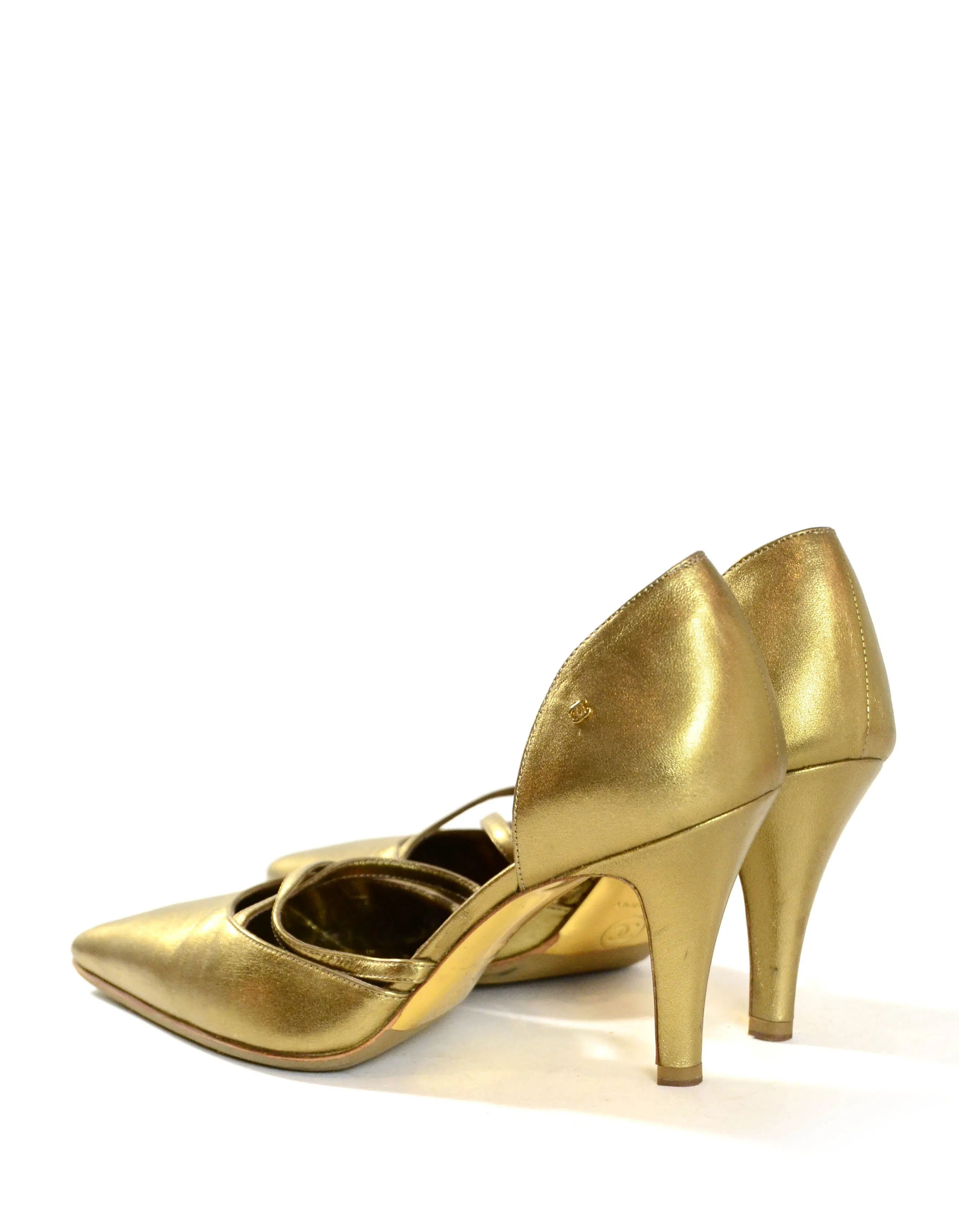 Chanel Gold Leather Pointy Toe Pumps sz 37.5