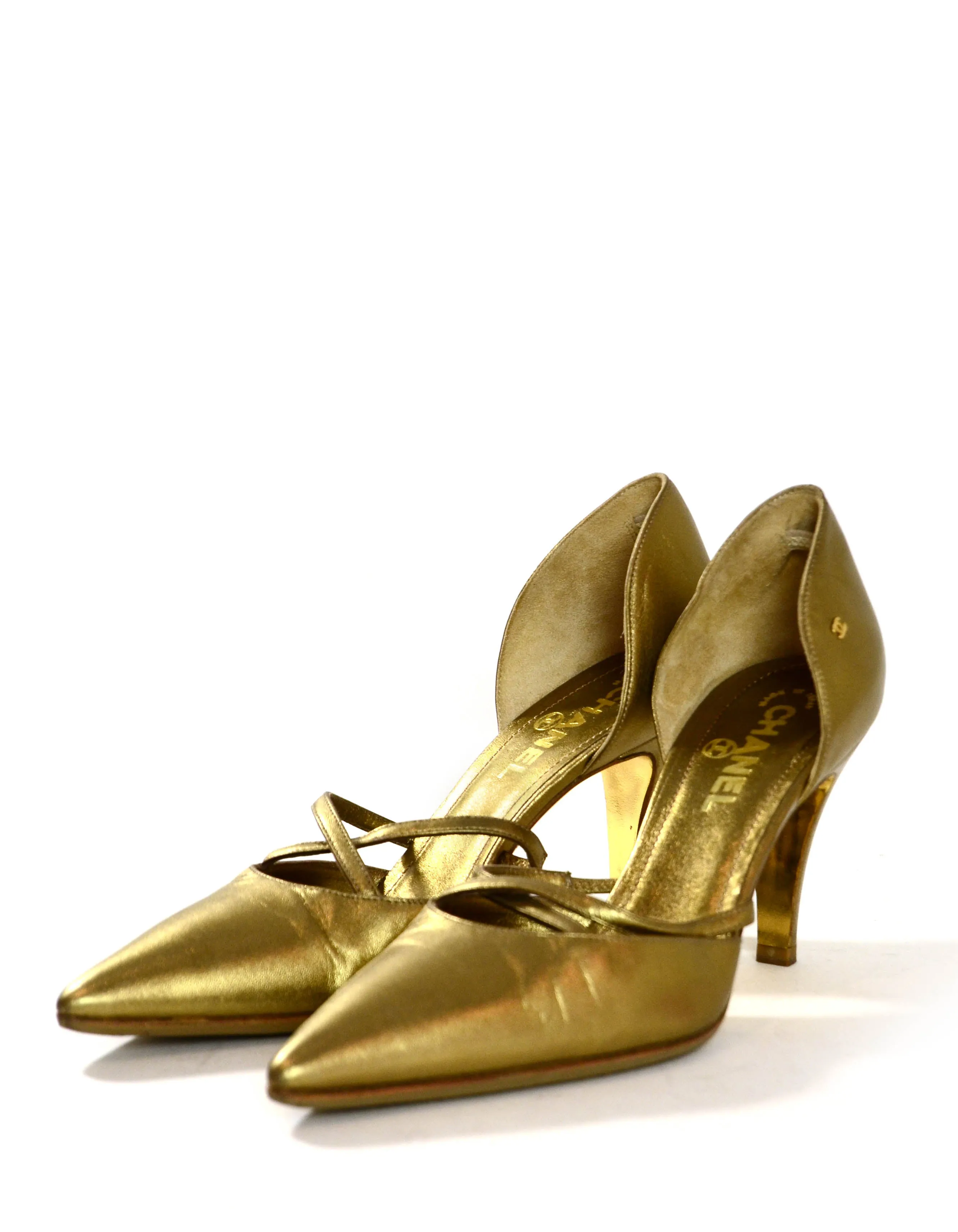 Chanel Gold Leather Pointy Toe Pumps sz 37.5