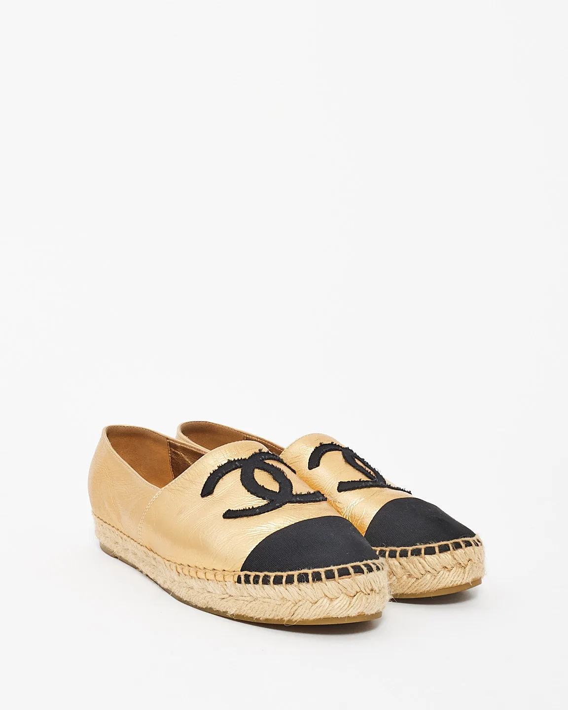 Chanel Gold Metallic Leather Logo Espadrilles - 39