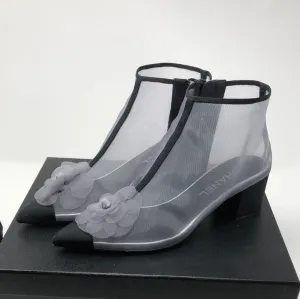Chanel Grey Mesh Side Zip Short Booties with Flower