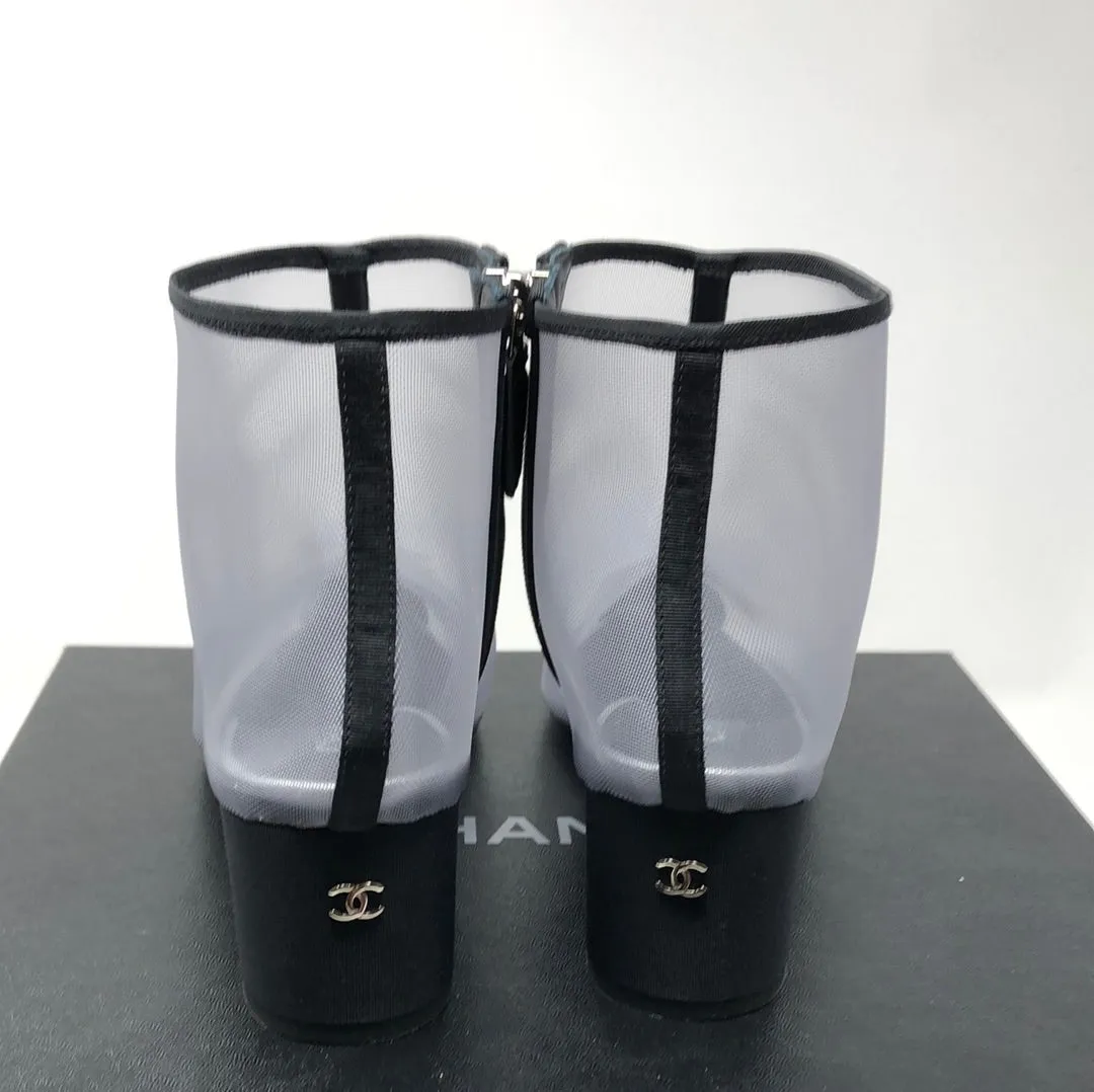 Chanel Grey Mesh Side Zip Short Booties with Flower