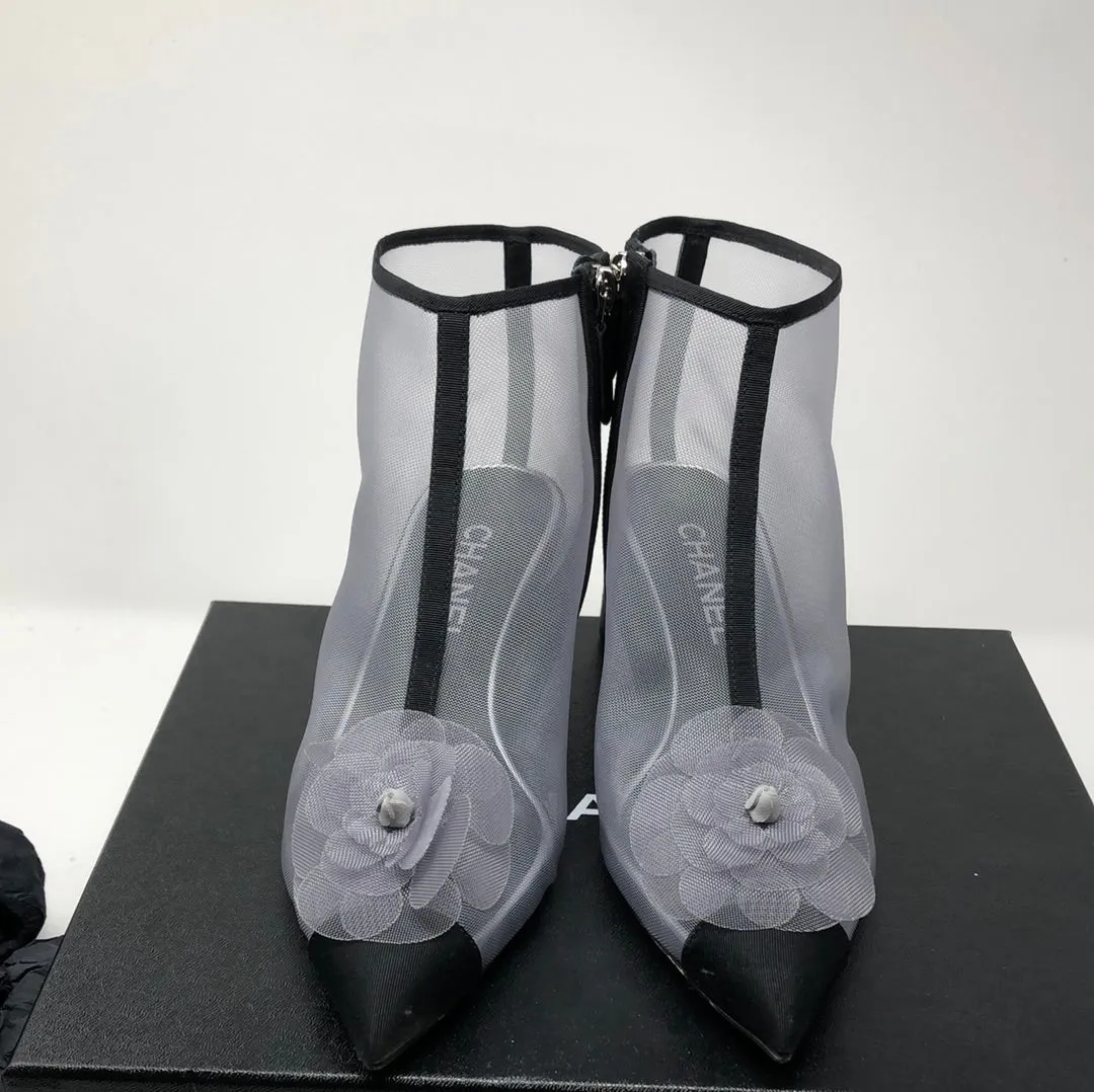 Chanel Grey Mesh Side Zip Short Booties with Flower