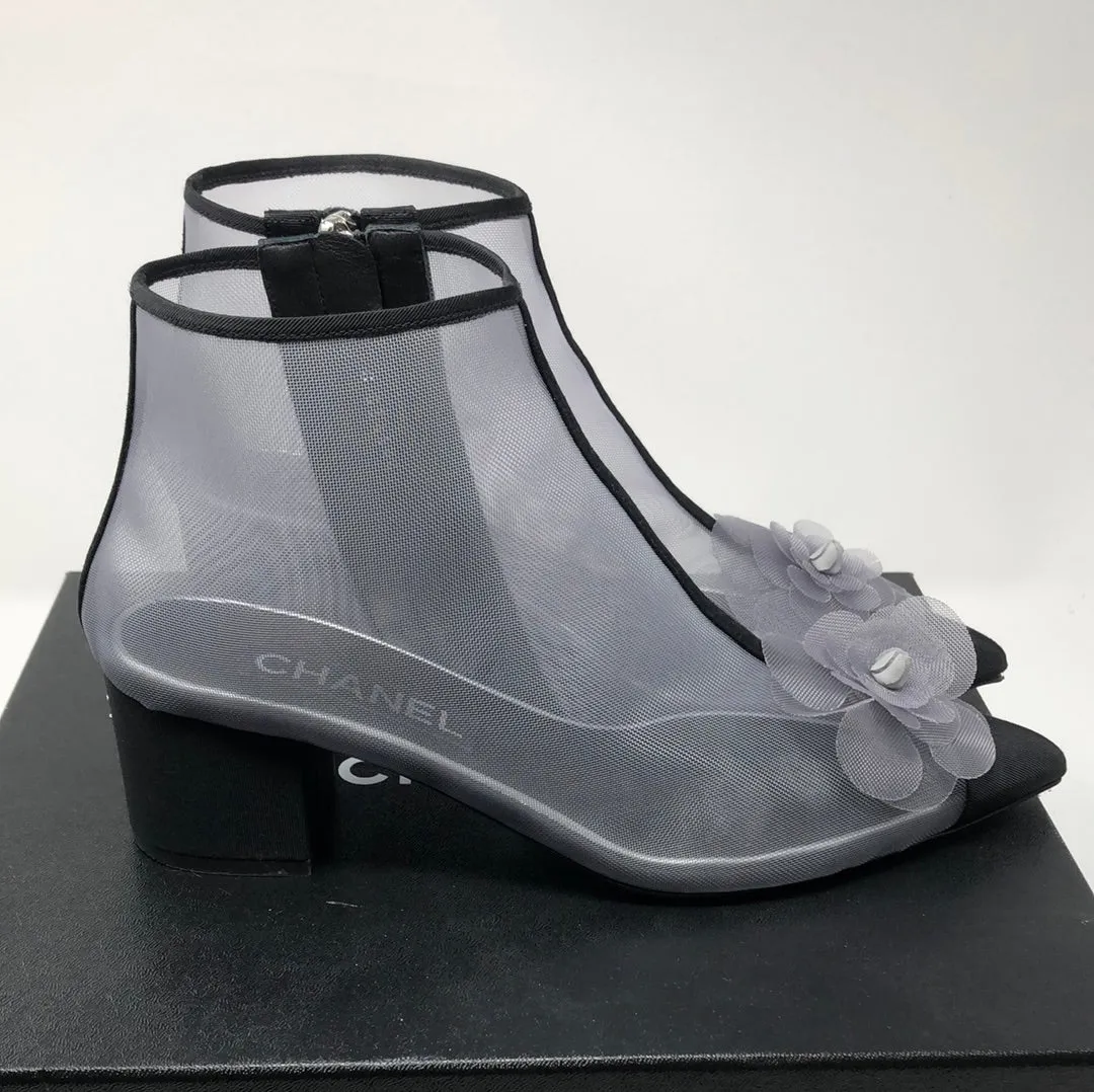 Chanel Grey Mesh Side Zip Short Booties with Flower