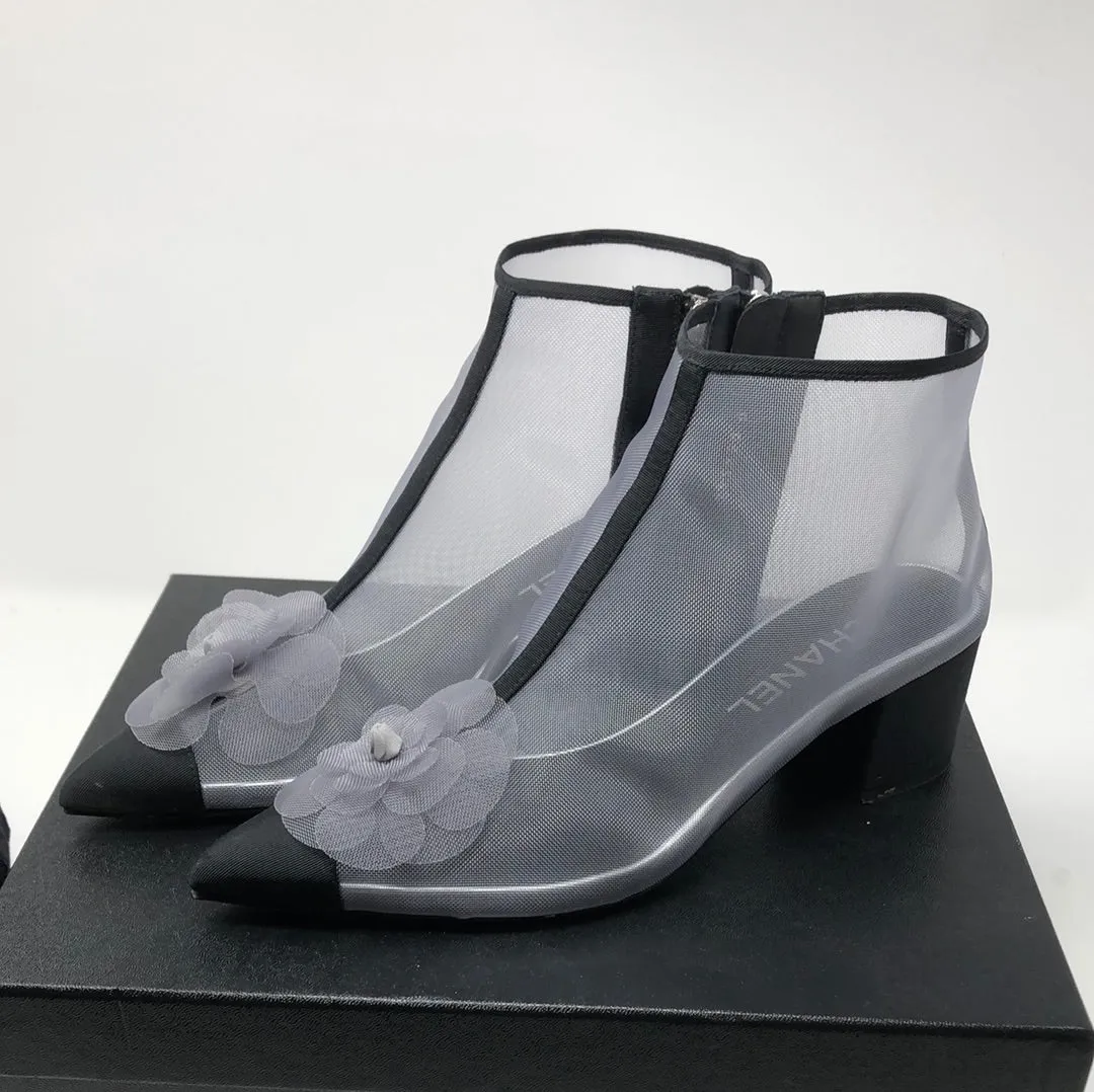 Chanel Grey Mesh Side Zip Short Booties with Flower